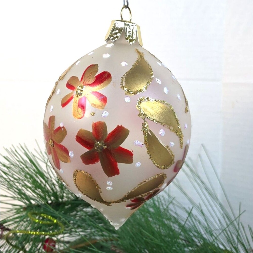 Vtg Teardrop Kurt Adler Hand Painted Glass Christmas Ornament Gold & Red Flowers